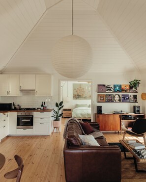 Smart TV, fireplace, books, stereo