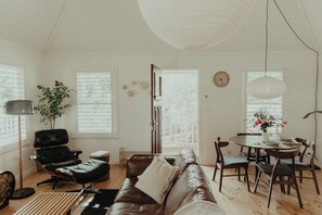 Smart TV, fireplace, books, stereo