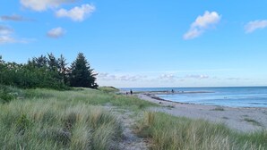 A beach path leading to the ocean with sand and grass. - Cozy summer house near Hals (Hals)