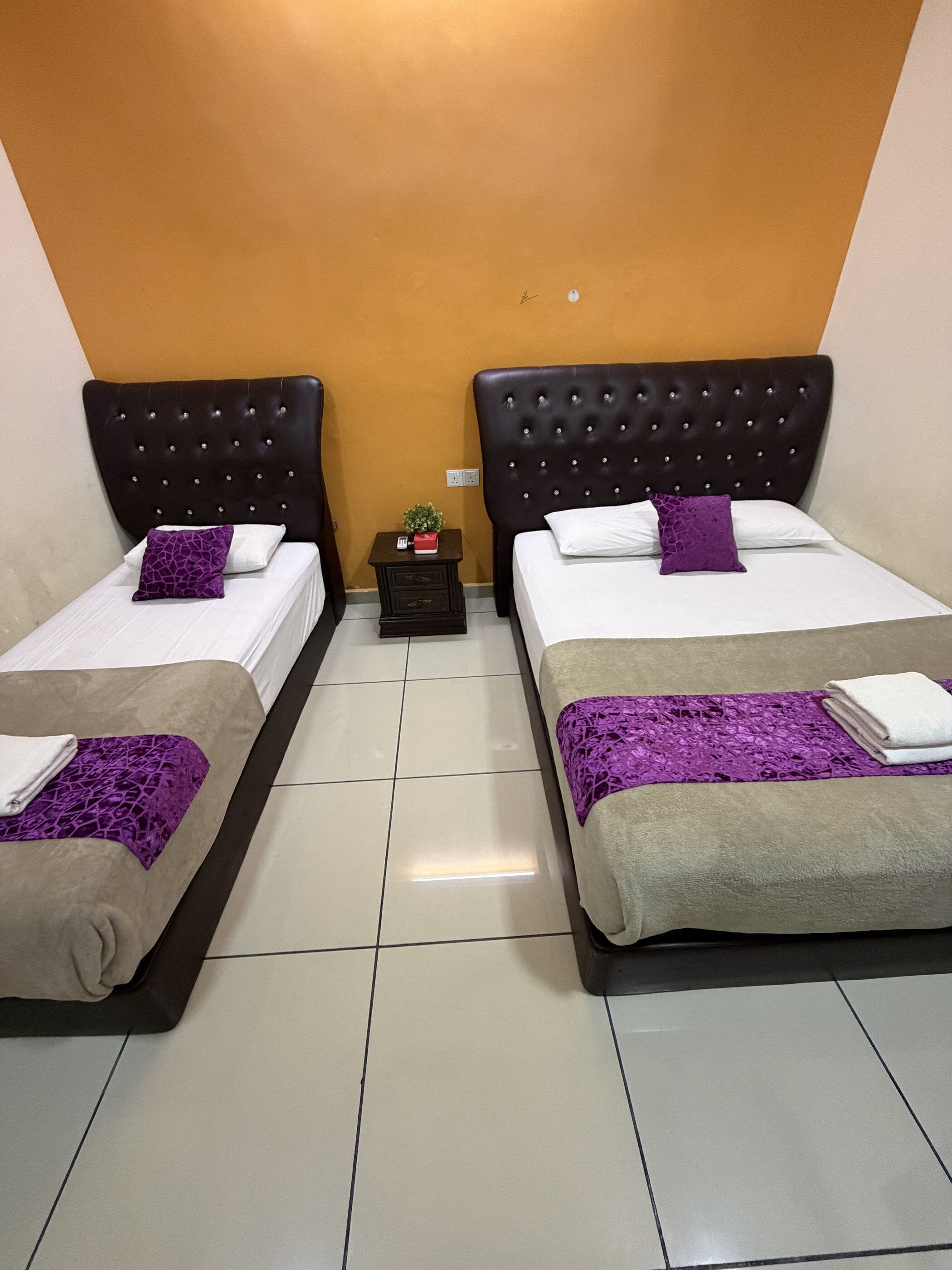 A hotel room with two beds, a small nightstand, and a wall-mounted outlet.