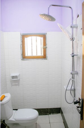 Hair dryer, bidet, towels, soap