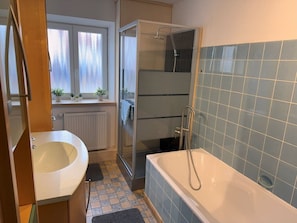 Shower, hair dryer, soap, toilet paper