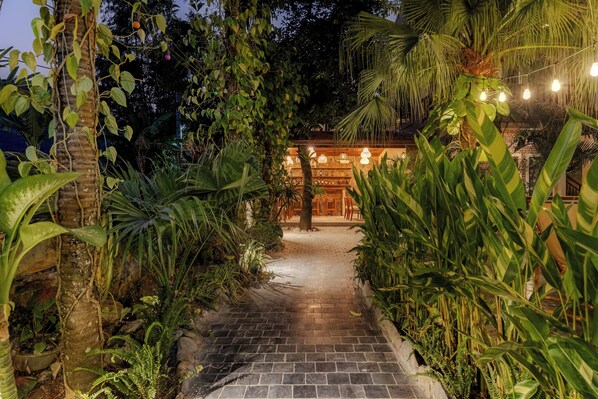 Un sendero de piedra conduce a una estructura de madera con luces colgantes, rodeada de exuberante vegetación tropical.