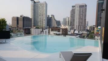 A rooftop pool with a cityscape view, surrounded by modern buildings.