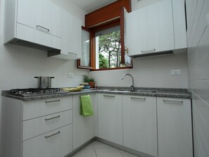 Kühlschrank, Mikrowelle, Herdplatte, Wasserkocher mit Kaffee-/Teezubehör