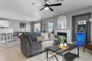 TV, fireplace, offices