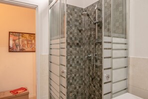 Shower, hair dryer, bidet, towels