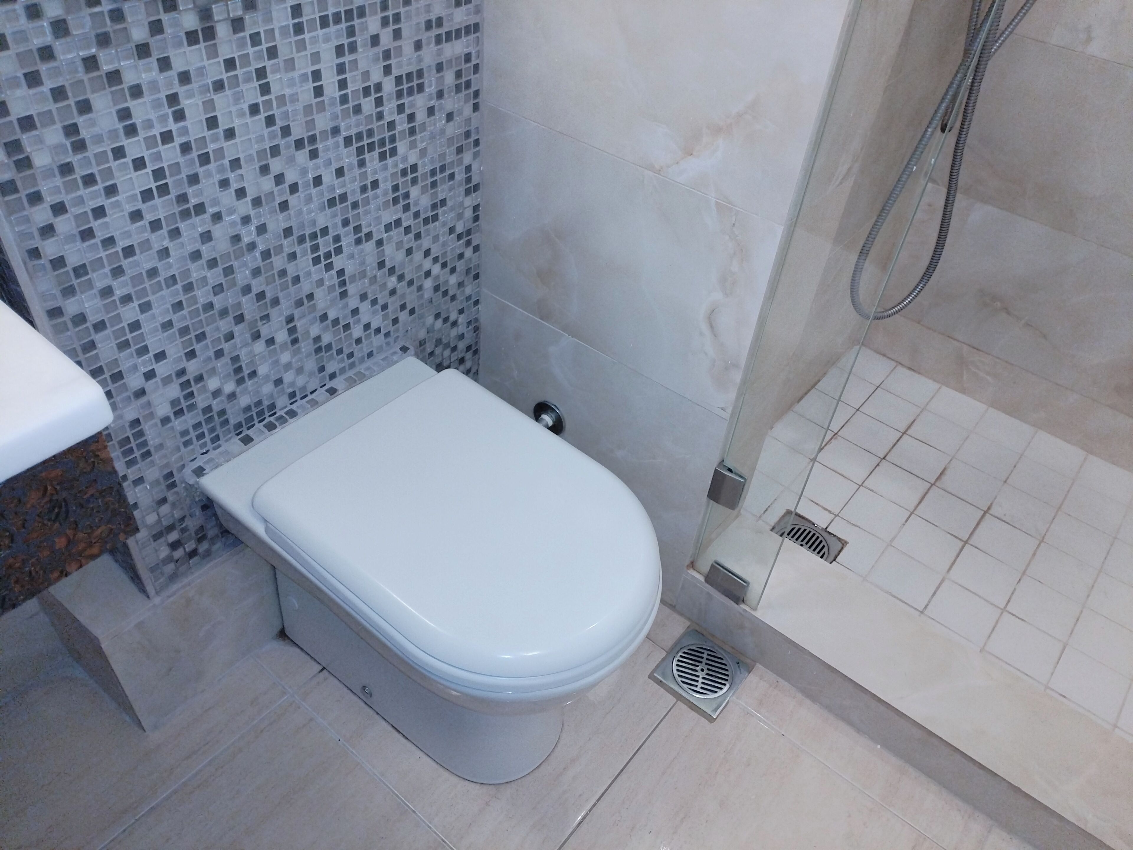Ein Badezimmer mit Toilette, Duschbereich und Fliesenboden.