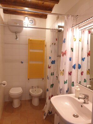 Douche, sèche-cheveux, bidet, serviettes fournies