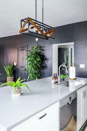 A modern kitchen with a white countertop, a built-in dishwasher, and a large potted plant.