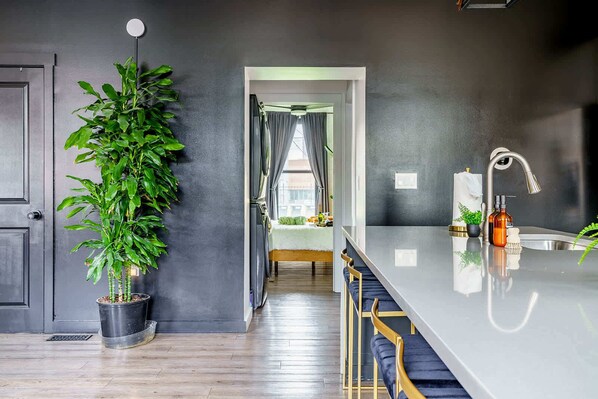 A modern kitchen with a large island, a potted plant, and a view into the dining area.