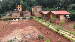 Un gruppo di casette in legno con tetti rossi, immerse in un giardino con piante basse e un vialetto lastricato.