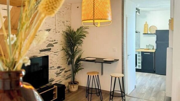 A modern living room with a wooden floor, a TV, a dining area with stools, and a kitchen in the background. - Charming Bright Duplex (Angers)