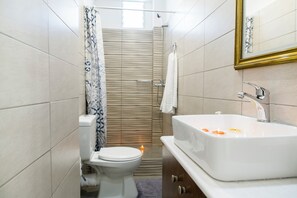 Shower, hair dryer, towels, toilet paper