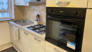 Moderni keittiö, jossa on kaasuliesi, uuni ja ruostumattomasta teräksestä valmistettu pesuallas.