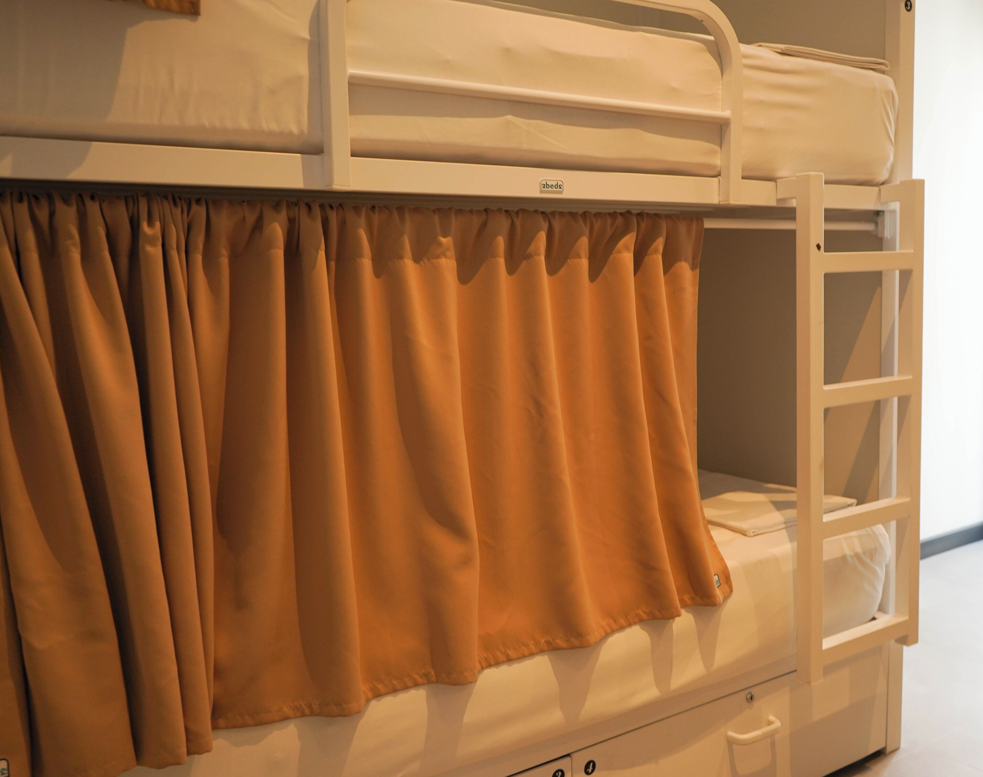 A bunk bed with a curtain, a ladder, and a small drawer.