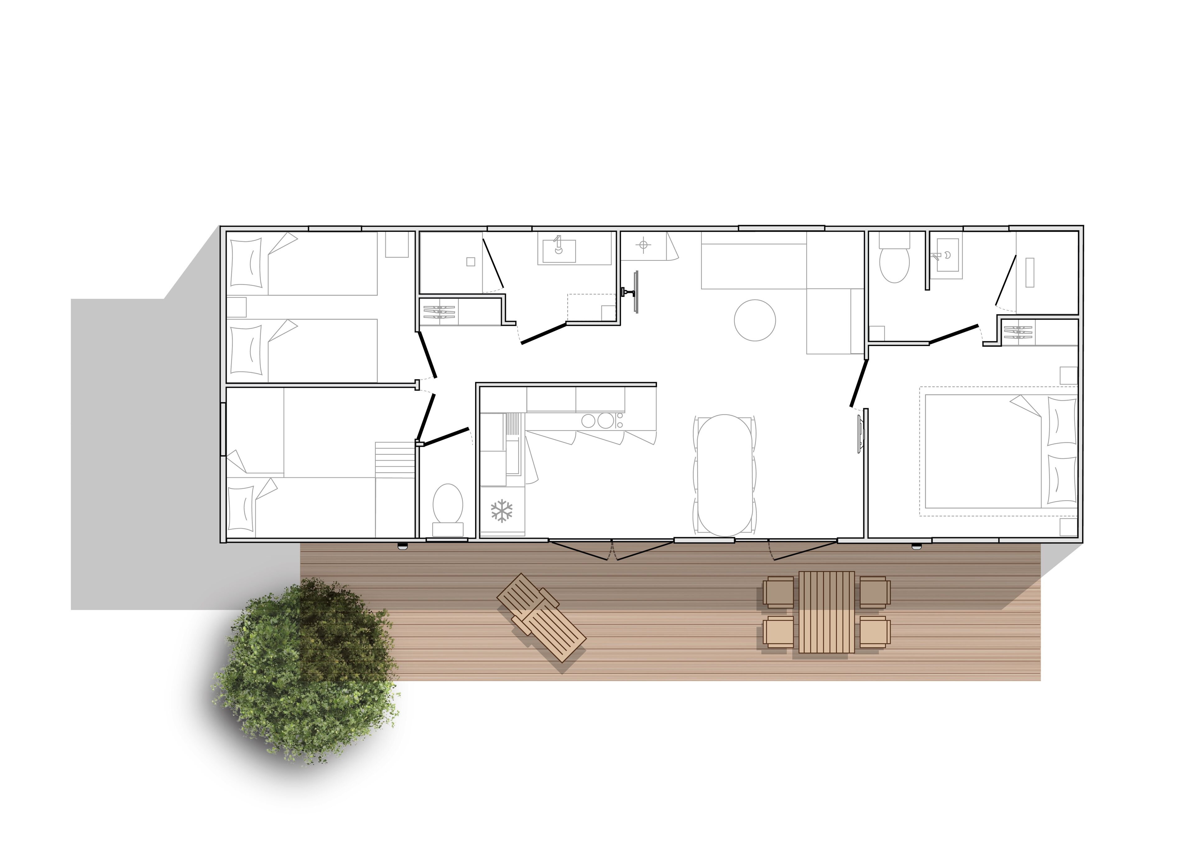 A floor plan of a hotel with multiple rooms, a central area with a pool, and a wooden deck with outdoor furniture.
