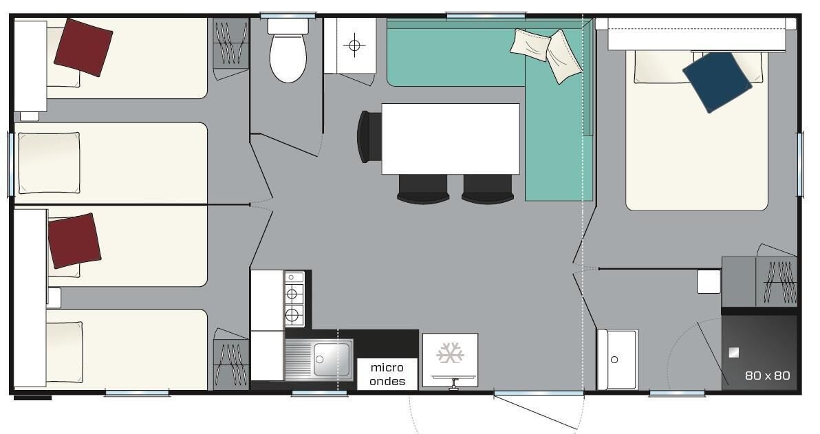 A hotel room layout with two beds, a sitting area, a kitchenette, a bathroom, and a small balcony.