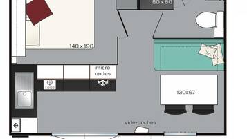 A 140x190 room with a bed, a 130x67 TV, a 80x80 bathroom, and a kitchenette.