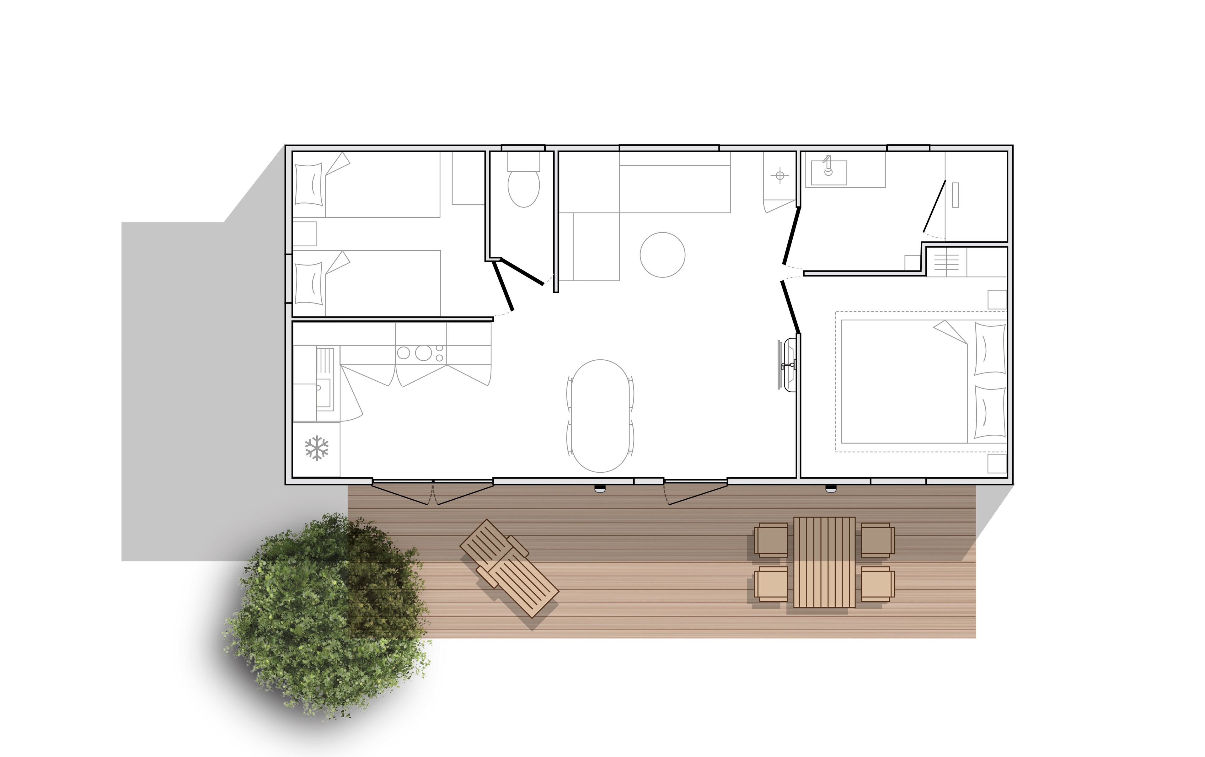 A top-down floor plan of a house with a living room, kitchen, two bedrooms, a bathroom, and a small outdoor seating area with a tree.