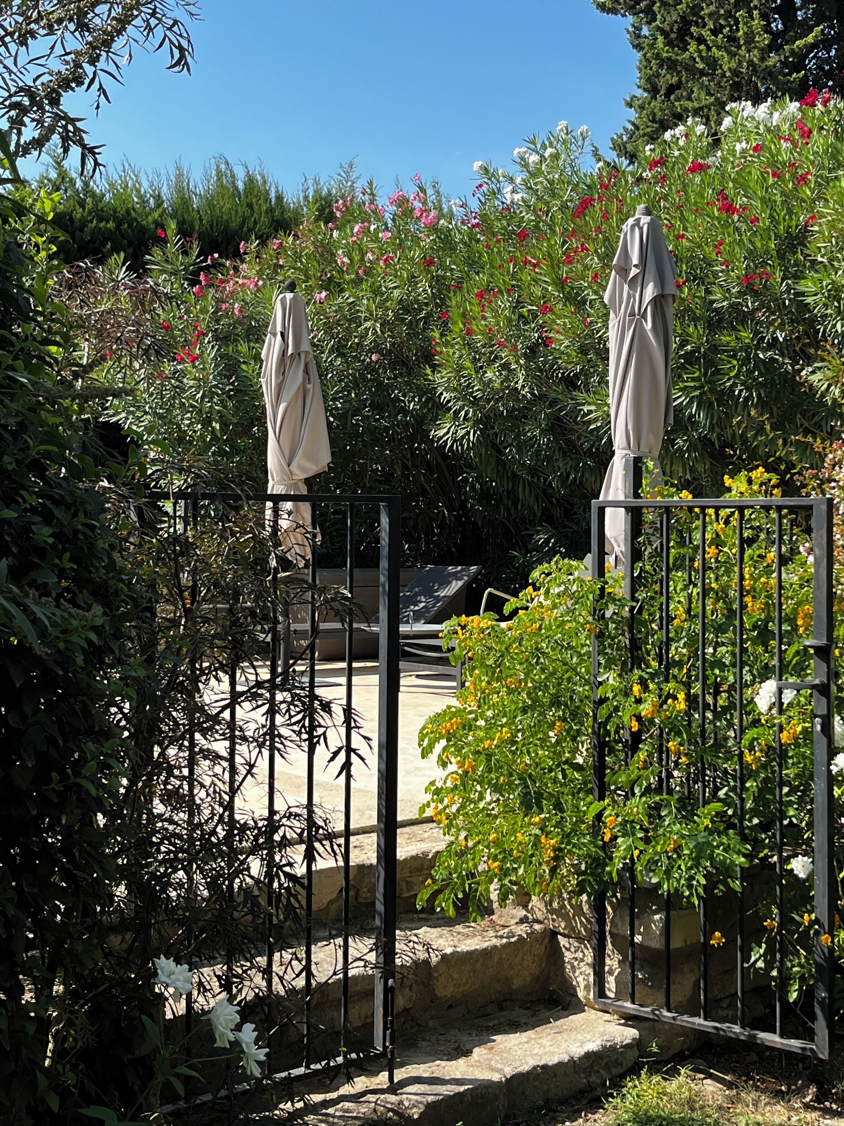 Ein Garten mit einem Metallzaun, einem Weg und zwei Statuen.