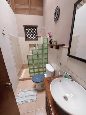 Shower, towels, soap, toilet paper