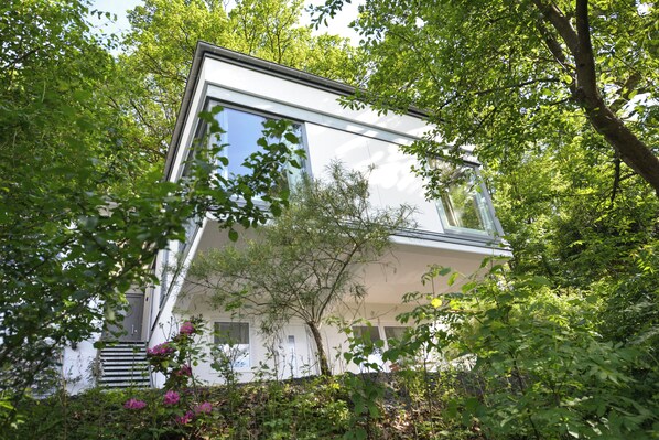 A modern house with a large glass window, surrounded by lush greenery.