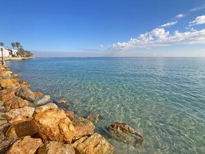 A clear coastal view with a rocky shoreline, calm sea, and a distant horizon.