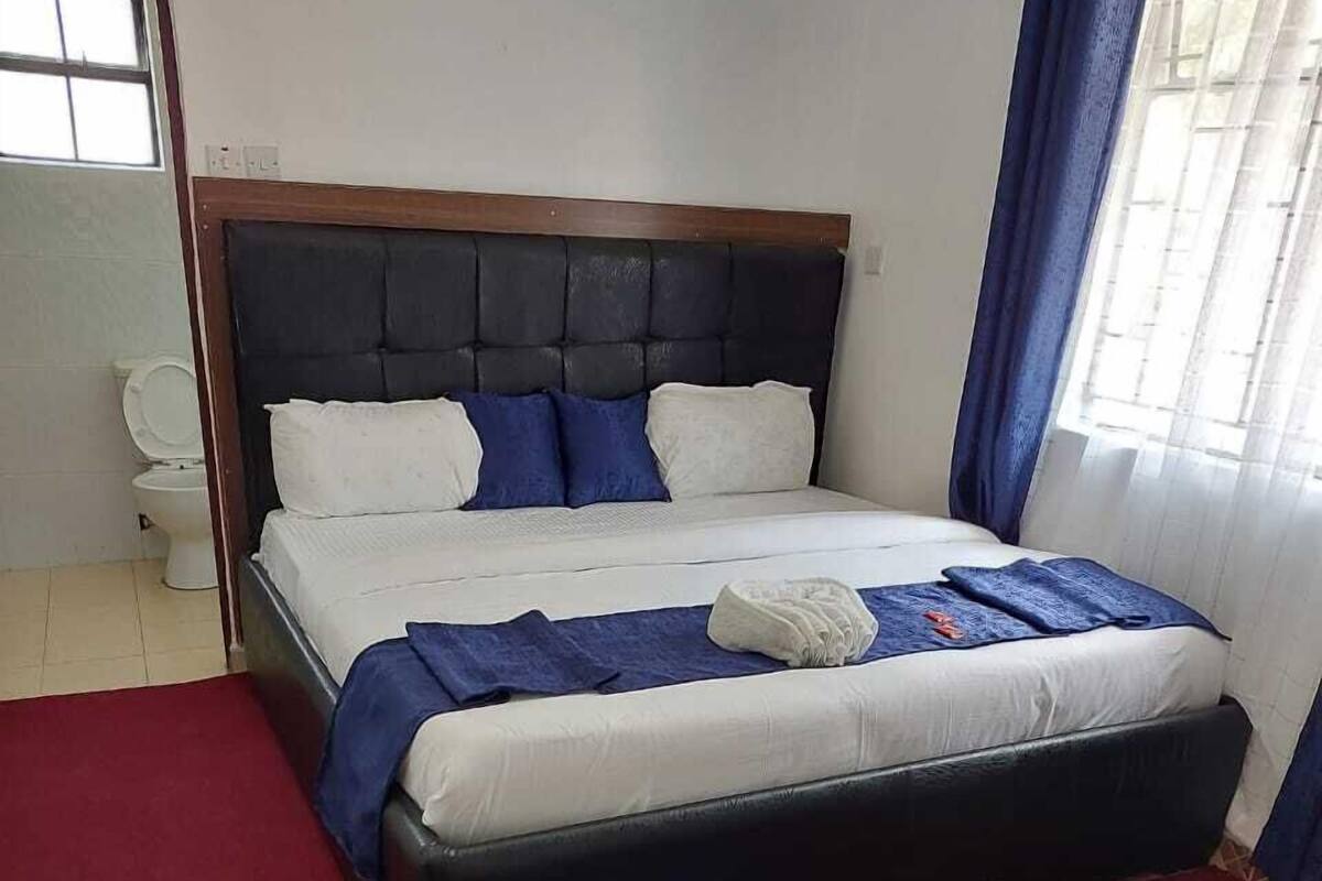 Et hotelværelse med en seng, et rødt tæppe og et par blå slippers på gulvet.