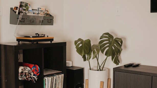 A room with a dark wooden cabinet, a white potted plant, a vinyl record player, and a bookshelf with magazines. - Stylish 3-bed, 2-bath modern condo in Coeur d'Alene, perfect for up to 6 guests. Enjoy a fully equipped kitchen, king suite, and community steam sauna & gym. 12 mins from downtown CDA, 20 mins to Silverwood Theme Park, and 40 mins to Spokane! (Coeur d'Alene)