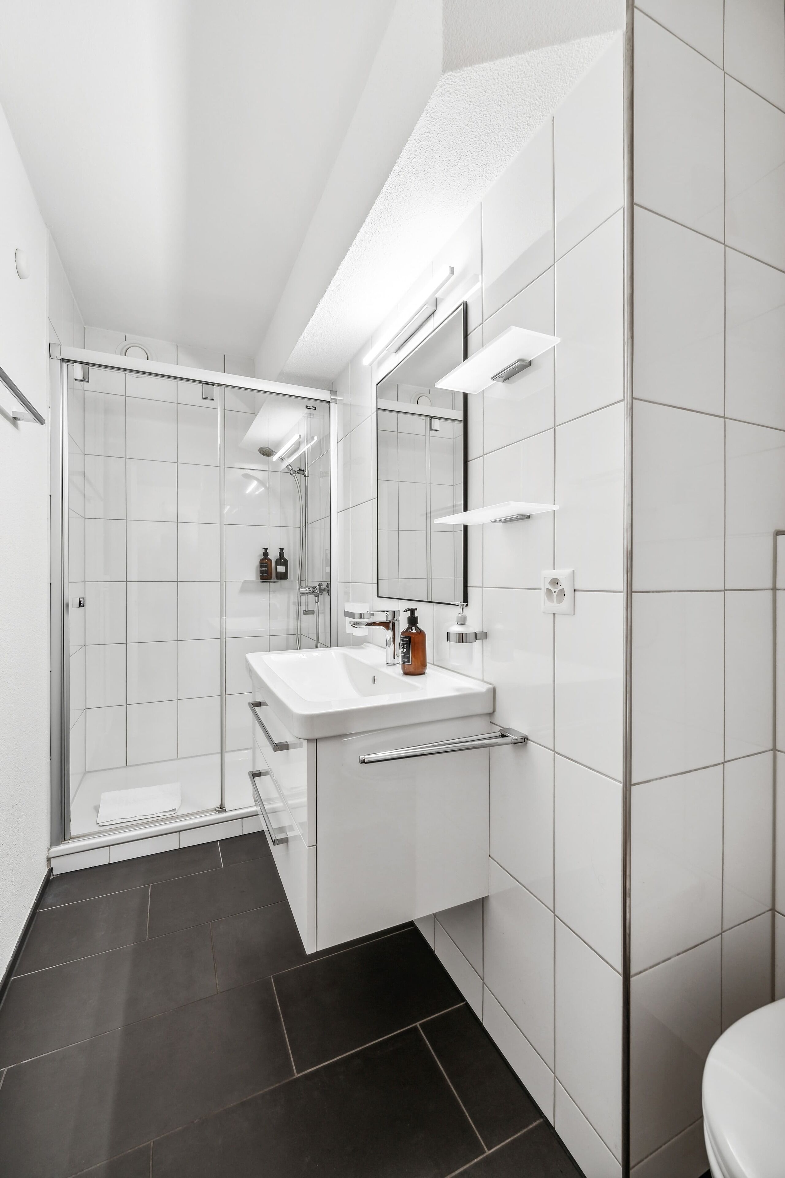 Dusche, Haartrockner, Handtücher, Shampoo