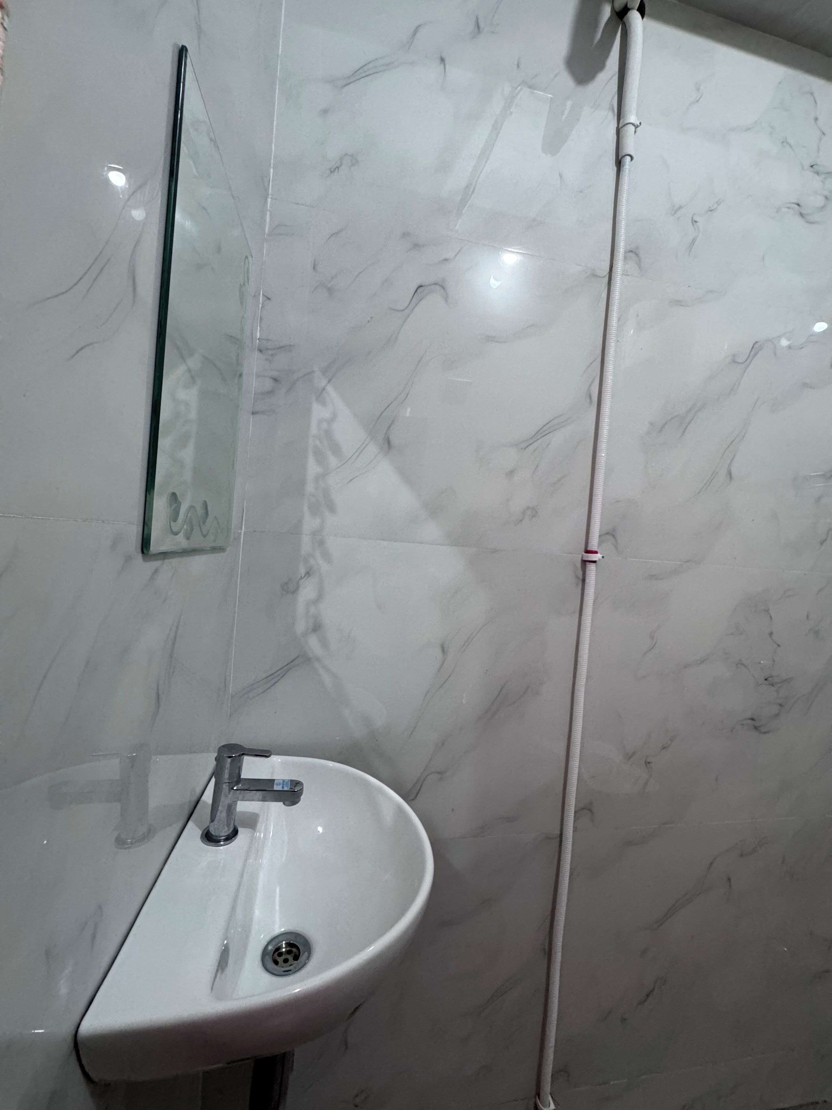 Un baño con lavamanos blanco, espejo y manguera de ducha.
