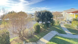 Área residencial com céu claro, uma árvore grande e um caminho que leva a uma casa com telhado vermelho.