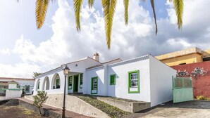 Un edificio blanco con ventanas y puertas verdes, un farol y un pequeño árbol en la fachada.