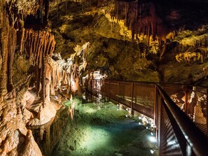 A cave with stalactites and stalagmites, a walkway, and a viewing area.