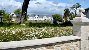 A stone wall with a stone balustrade and a flower bed in the foreground.