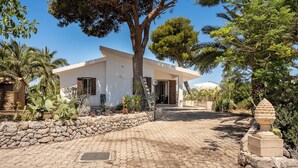 Una casa moderna con entrada pavimentada, rodeada de diversas plantas y árboles.