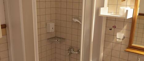 Un baño con ducha de vidrio, inodoro y lavamanos.