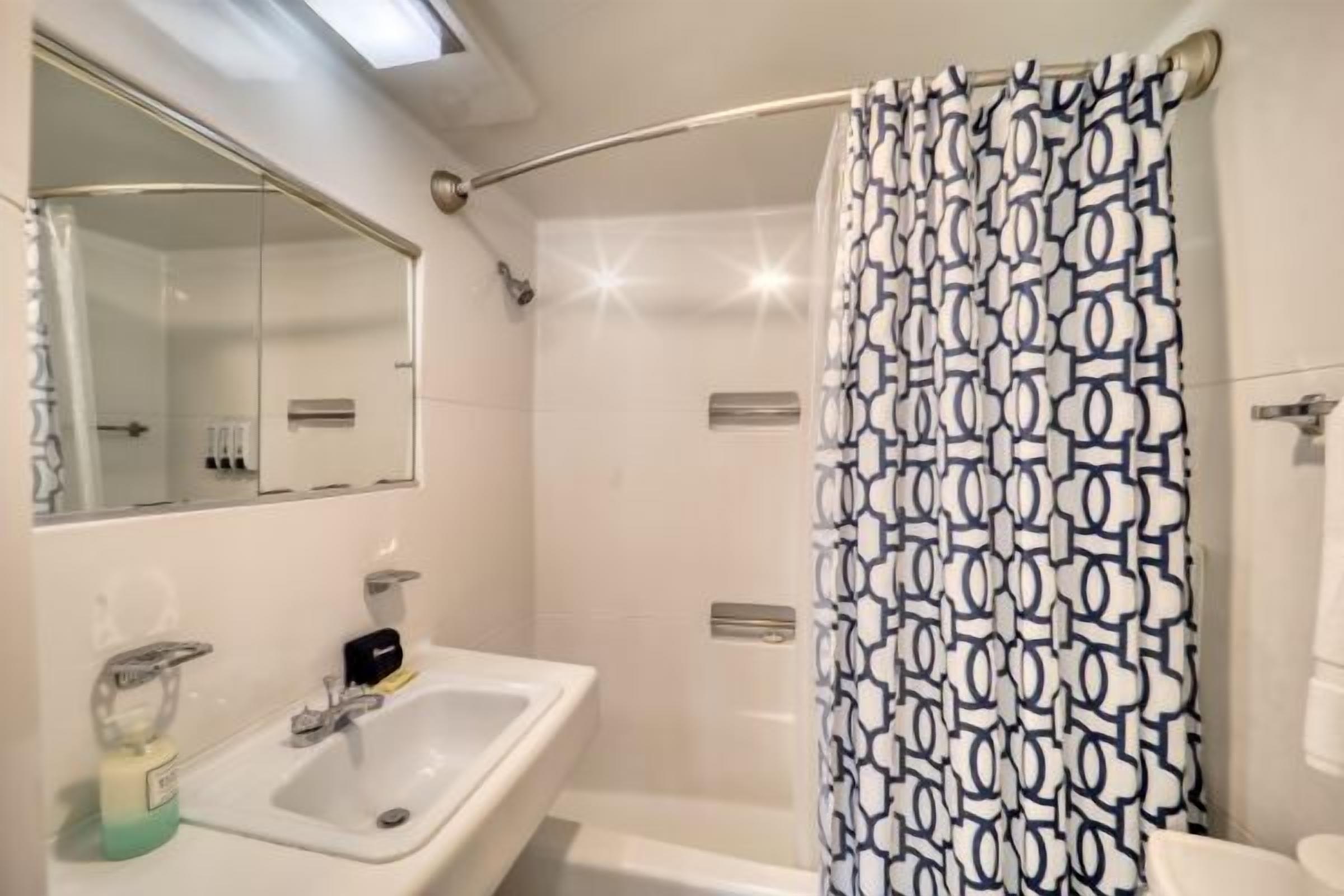 Une salle de bain avec une douche, un lavabo et un miroir.