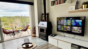 A modern living room with a fireplace, a TV, and a balcony with outdoor furniture.