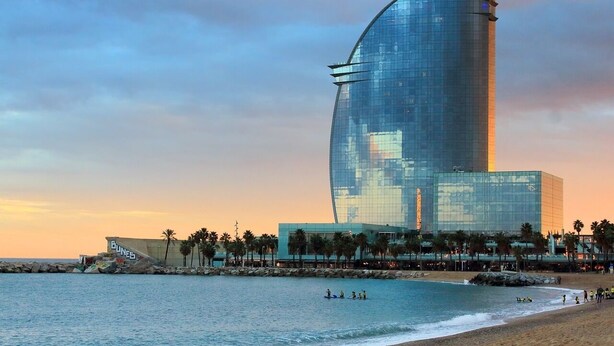 A modern hotel with a curved glass facade, located near a beach with palm trees and a rocky shoreline.