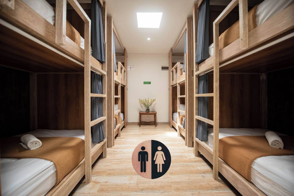 A hotel room with bunk beds, a small table with a vase, and a sign indicating the room type.