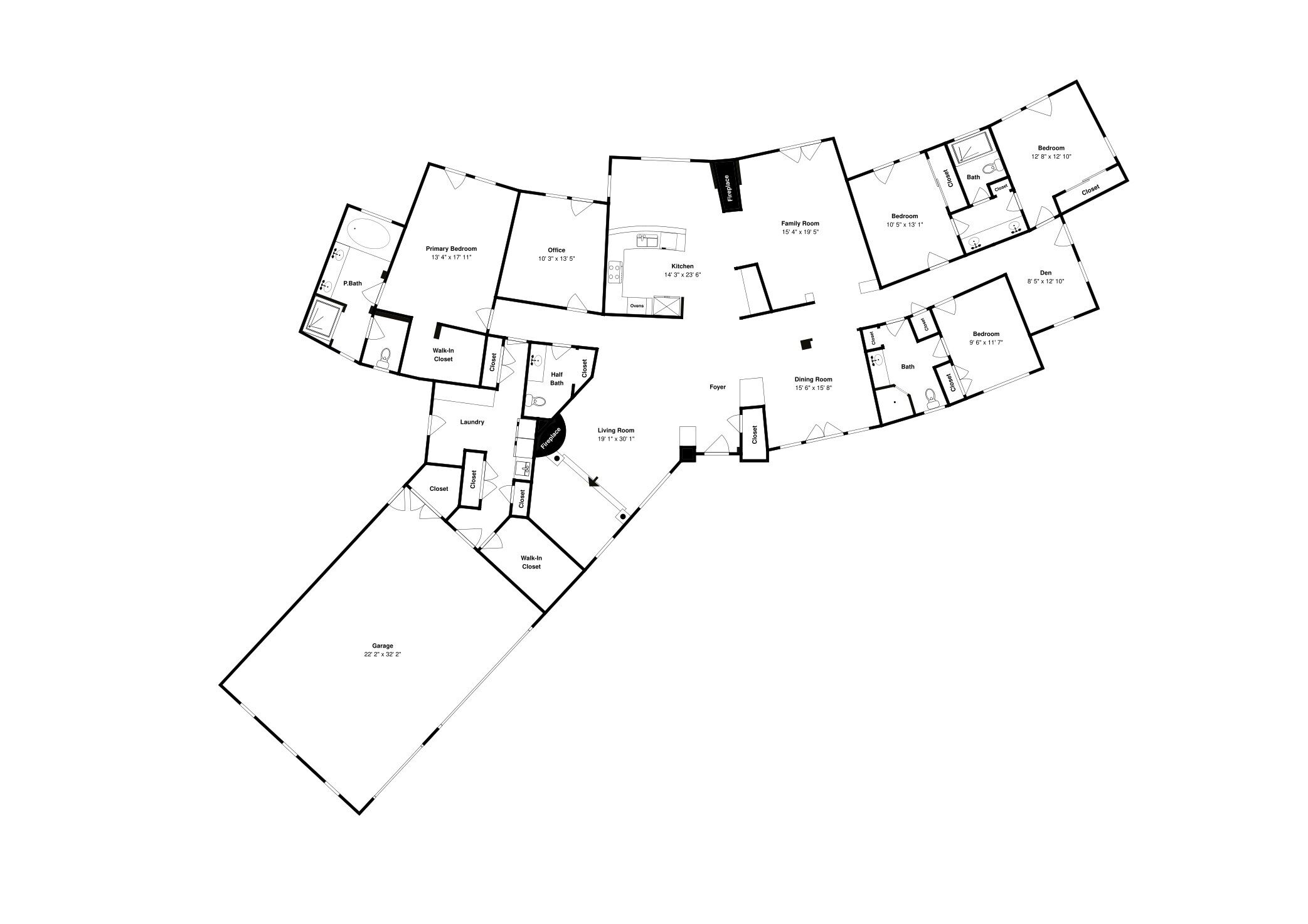 A floor plan of a house with a garage, primary bedroom, office, family room, dining room, living room, and multiple bedrooms.