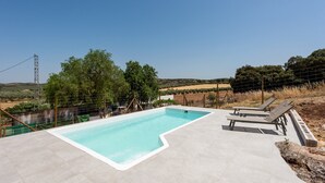 A rectangular swimming pool with a white edge, surrounded by a fence and trees, with a clear sky above.