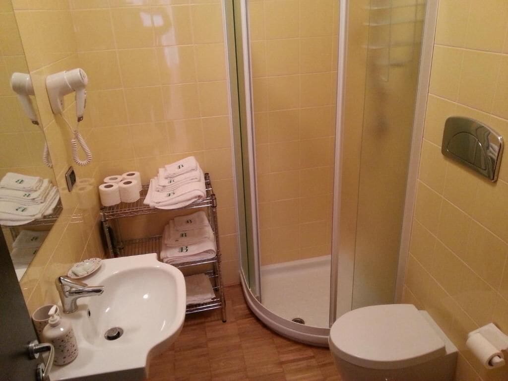 Un baño con lavamanos, inodoro y ducha. Se observan toallas y artículos de aseo.