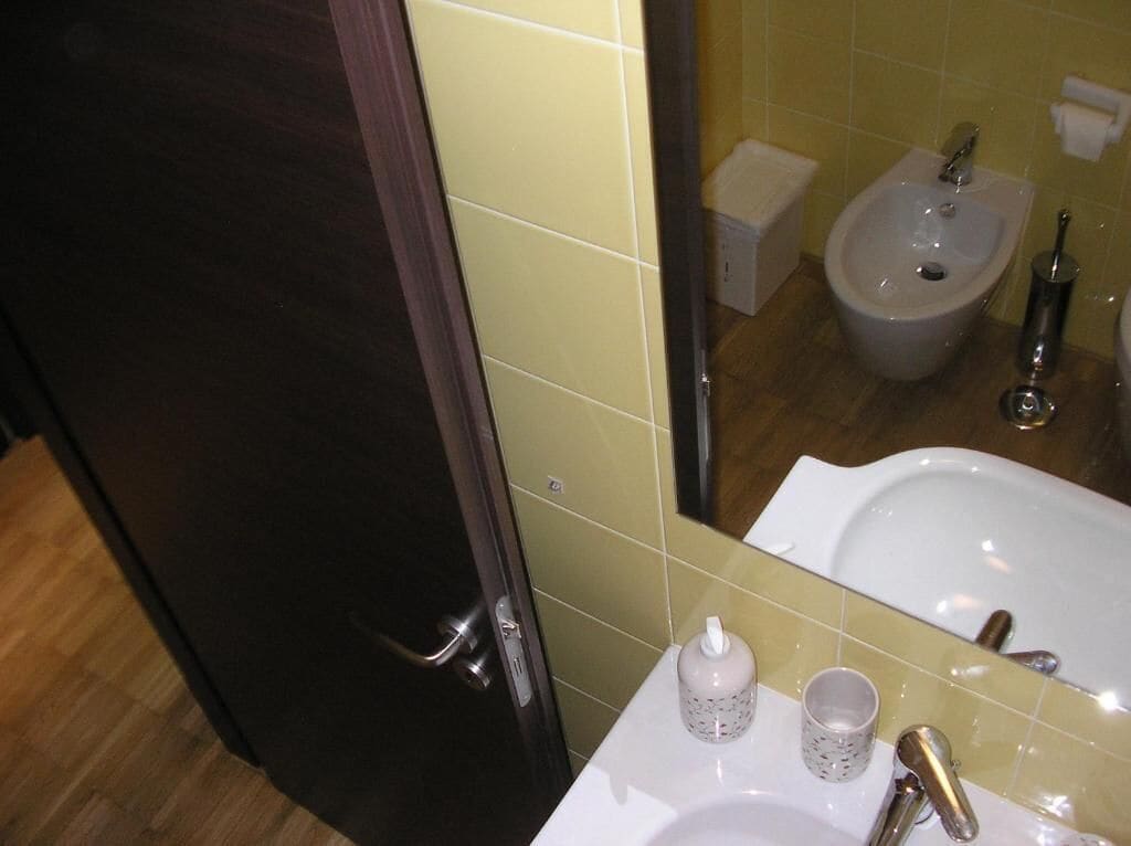 A bathroom with a mirror, sink, bidet, and a bottle of hand soap.