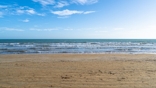 Ein Strand mit blauem Himmel und Wellen.