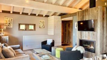 Télévision, cheminée, lecteur de DVD, table de tennis de table