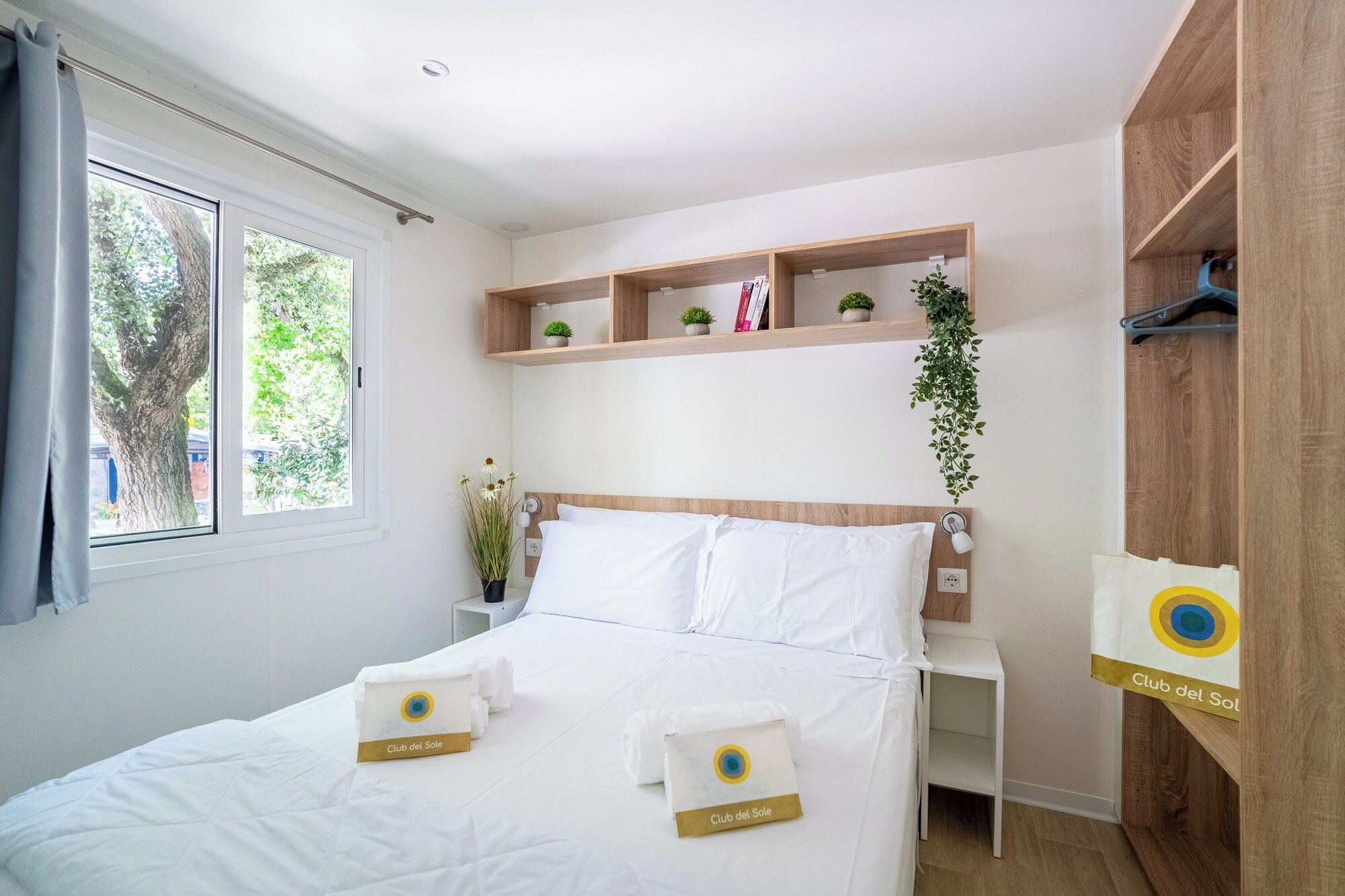 Une chambre d’hôtel avec un lit, un bureau, une fenêtre et des étagères en bois ornées de plantes et de livres.