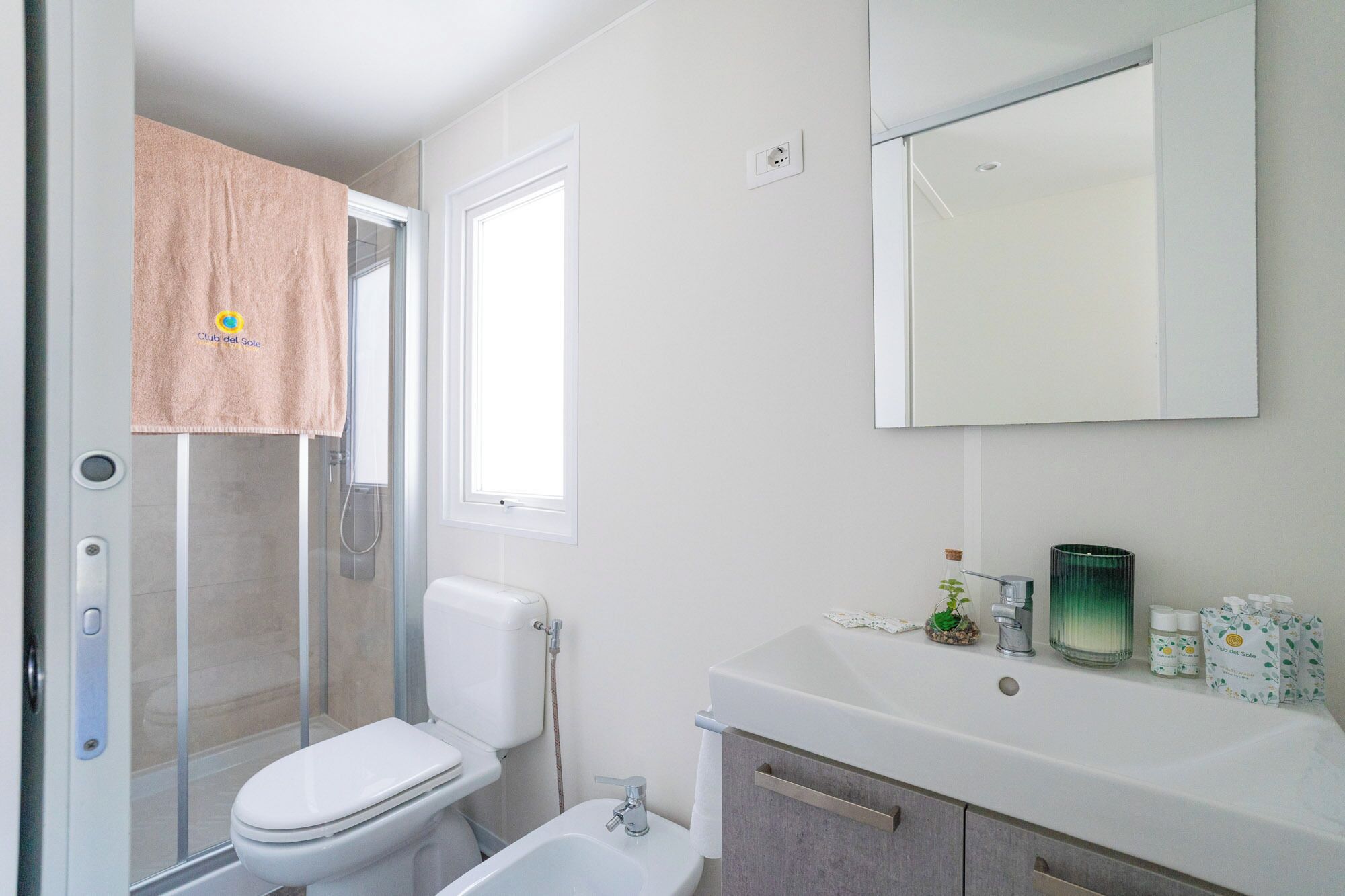 A bathroom with a shower, toilet, sink, and a mirror above the sink.
